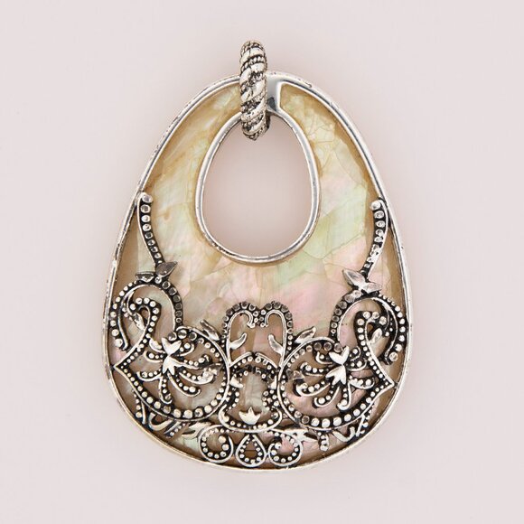 Monet Vintage Style Pendant Necklace | Silver Tone & Mother of Pearl Inlay - Picture 1 of 9